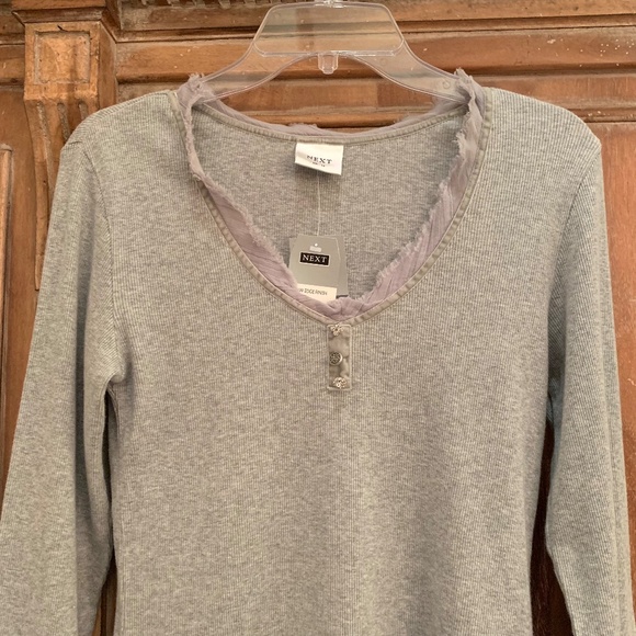 NEXT UK Women V-Neck Cotton Ribbed Raw Edge Trim LS Top Size12 - Picture 2 of 12